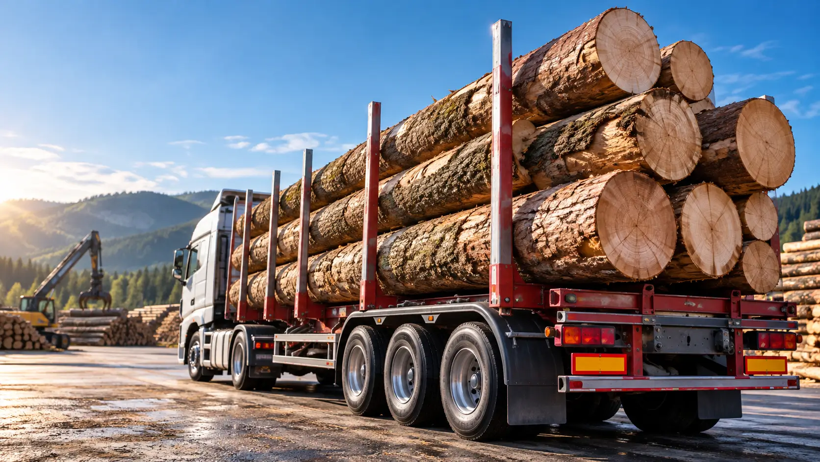 Logging Truck at Golden-Hour Timber Yard